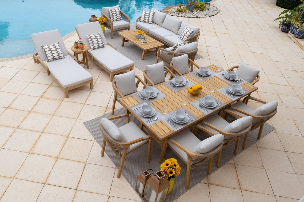 Rimini 16-Piece Acacia Wood Outdoor Patio Furniture Combination Set w/Three-Seat Sofa Set, Dining Set, and Chaise Lounge Set