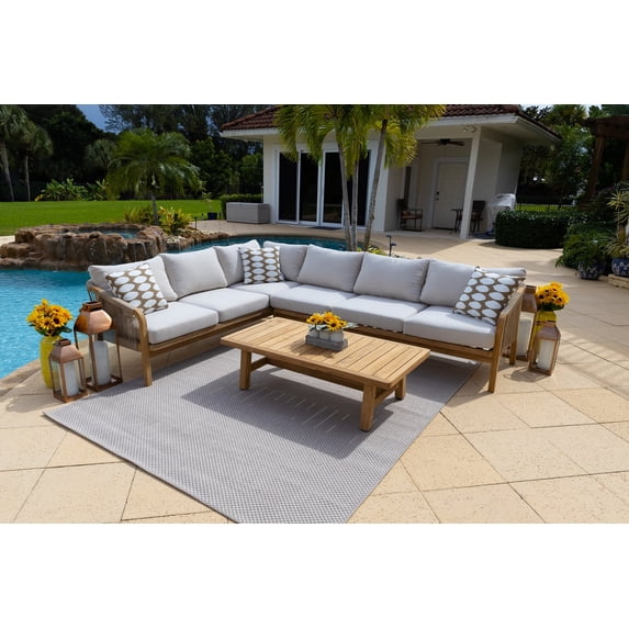 Rimini 3-Piece Teak Wood Outdoor Patio Conversation Sectional Set W/2-Piece Sectional and Coffee Table