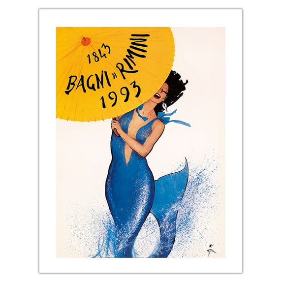 Rimini Italy - Mermaid - Vintage Travel Poster by René Gruau c.1993 - Bamboo Fine Art 290gsm Paper (Unframed) 17x22in
