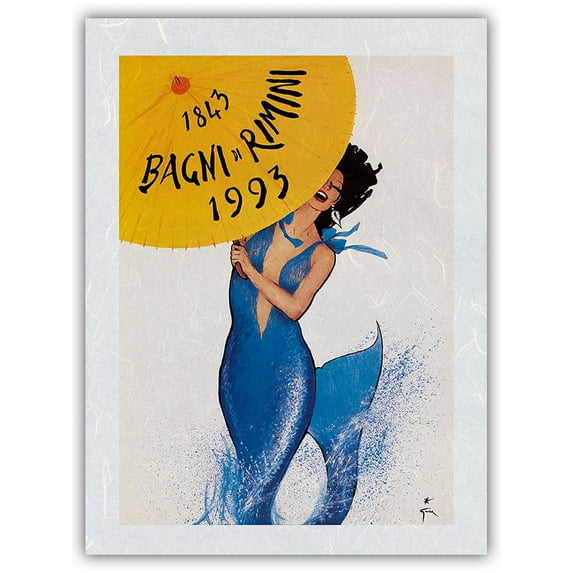 Rimini Italy - Mermaid - Vintage Travel Poster by René Gruau c.1993 - Japanese Unryu Rice Paper Art Print (Unframed) 12 x 16 in