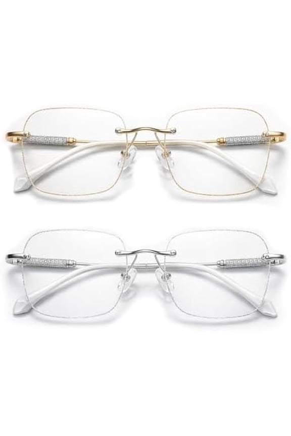 Rimless Crystal-Embellished Blue Light Blocking Glasses, Fashion Eyewear