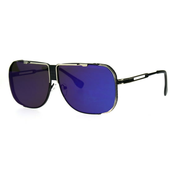 Rimless Exposed Lens Racer Metal Rim Oversize Aviator Rectangular Sunglasses Blue Mirror