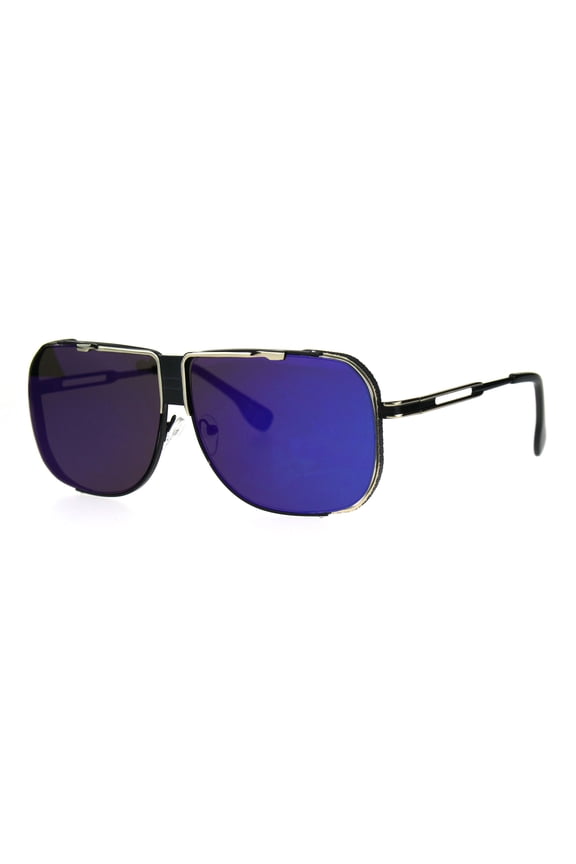 Rimless Exposed Lens Racer Metal Rim Oversize Aviator Rectangular Sunglasses Blue Mirror
