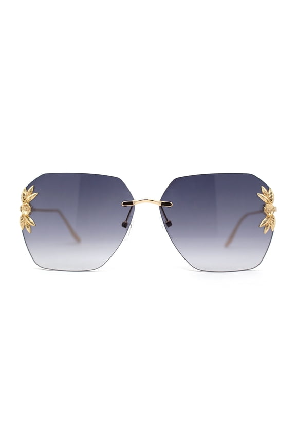 Rimless Foliage Flower Jewel Trim Rectangle Chic Sunglasses Gold Smoke