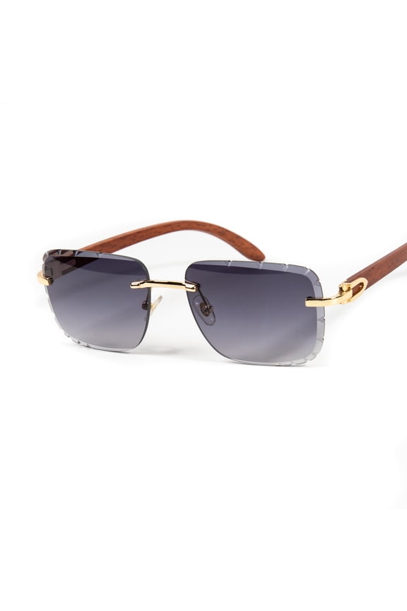 Rimless Gold Frame Purple Gradient Tint Diamond Cut Woodgrain Sunglasses