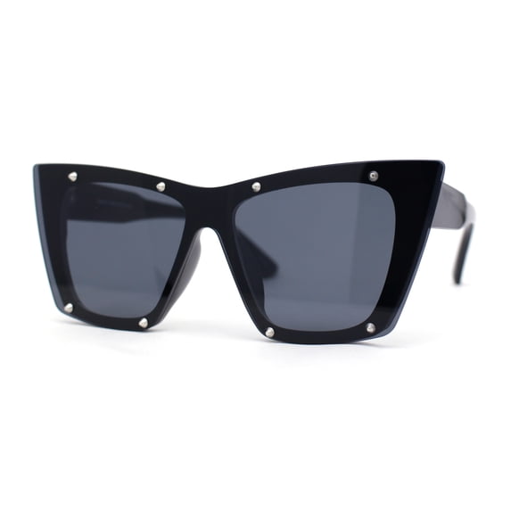 Rimless Gothic Horn Stud Oversized Rectangle Cat Eye Sunglasses All Black