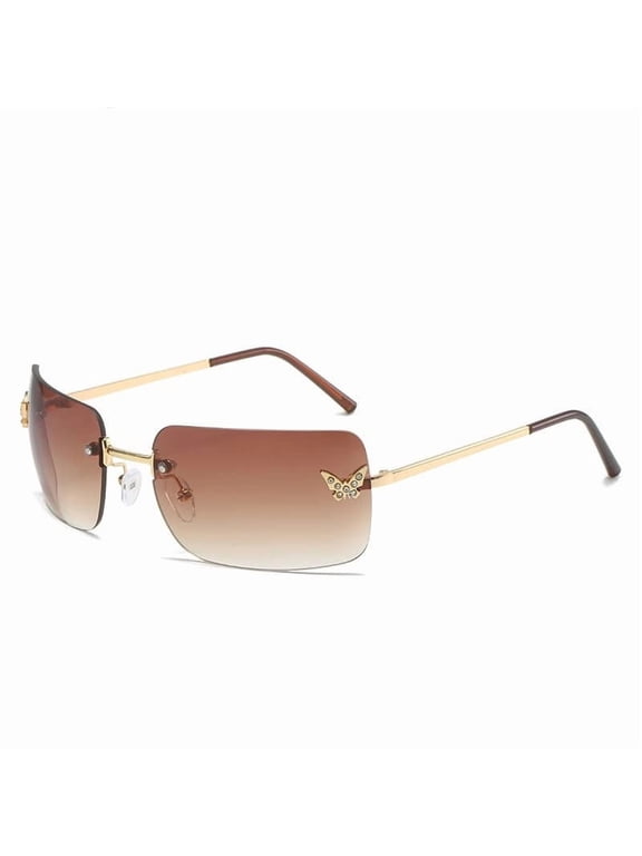 Rimless Gradient Lens Fashion Sunglasses Inlaid Rhinestone Butterfly Metal Decoration Lightweight Thin Metal Temples UV Protection Sports Driving Casual Eyewear(Blue-13.6cm)
