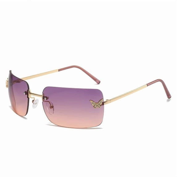 Rimless Gradient Lens Fashion Sunglasses Inlaid Rhinestone Butterfly Metal Decoration Lightweight Thin Metal Temples UV Protection Sports Driving Casual Eyewear(Pink-13.6cm)