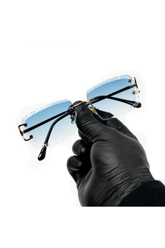 Rimless Luxury Hip Hop Men's Gem Cut Blue Tint Gold Frame Rectangle Sunglasses