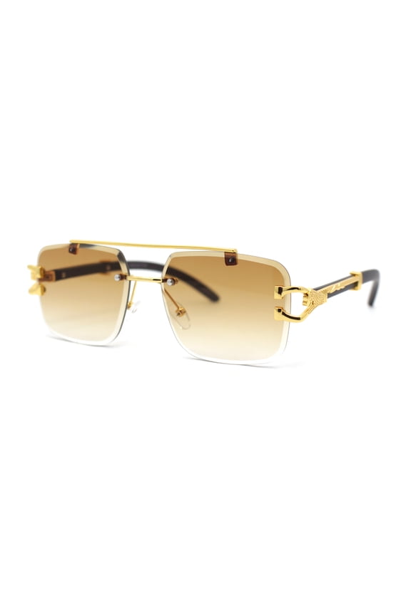 Rimless Luxury Jaguar Jewel Arm Rectangle Hustler Gangster Sunglasses Gold - Brown