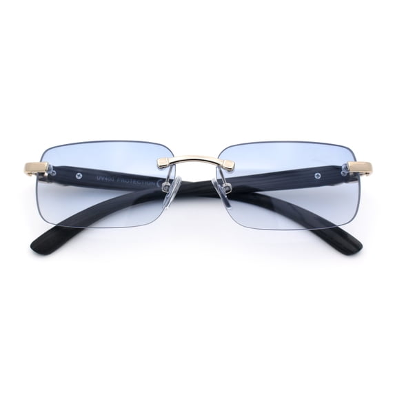 Rimless Luxury Narrow Rectangle Woodbuff Arm Fashion Sunglasses Gold Black - Blue