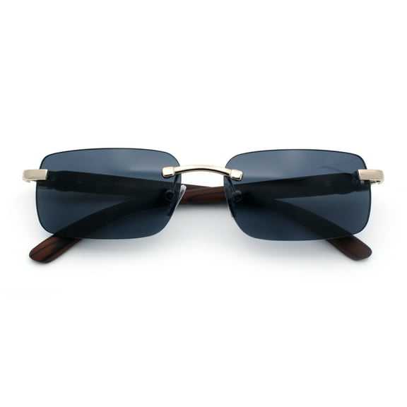 Rimless Luxury Narrow Rectangle Woodbuff Arm Fashion Sunglasses Gold Brown - Black