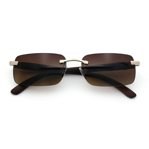 Rimless Luxury Narrow Rectangle Woodbuff Arm Fashion Sunglasses Gold Brown - Brown