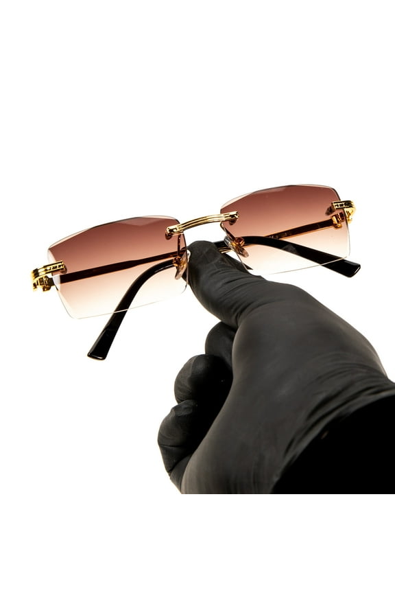 Rimless Luxury Square Trendy Retro 90's Fashion Stylish Hip Hop Brown Gradient Tint Lens  Gold Wire Frame Rectangle Summer Shades Sunglasses For Men And Women