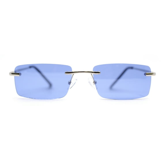 Rimless Narrow Rectangle Minimal Simple Dad Sunglasses Silver - Blue
