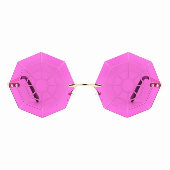 Rimless Octagon Shape Sunglasses Unisex Fuchsia Spider Web Design Lens UV400