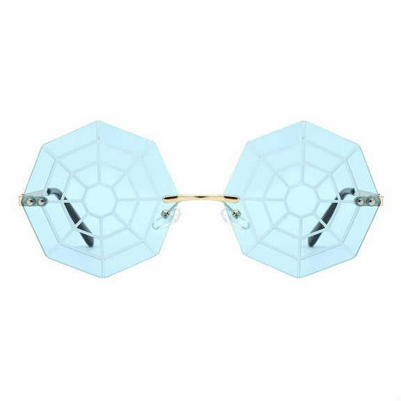 Rimless Octagon Shape Sunglasses Unisex Light Blue Spider Web Design Lens UV400