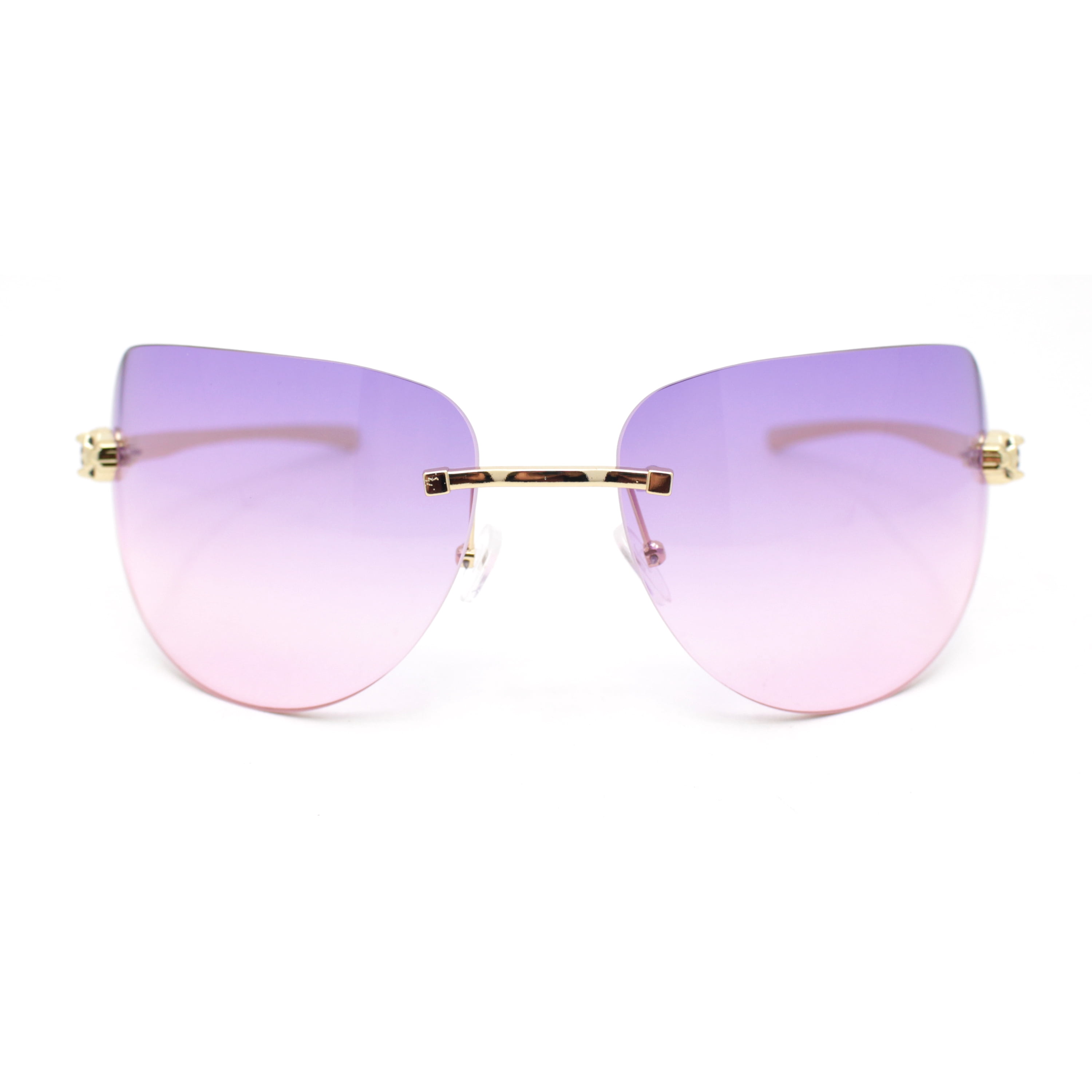 Rimless Oversized Curved Oceanic Lens Leopard Jewel Arm Sunglasses Gold ...