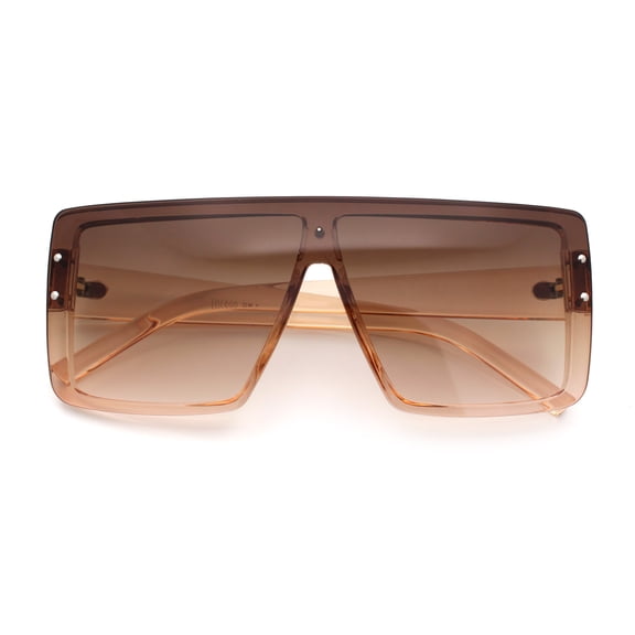 Rimless Oversized Monoblock Shield Rectangle Mobster Plastic Sunglasses Peach - Brown