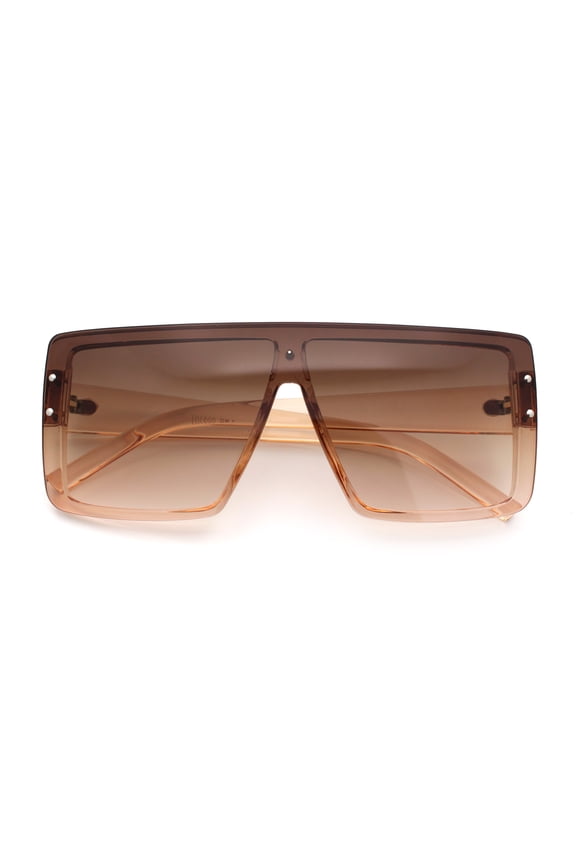 Rimless Oversized Monoblock Shield Rectangle Mobster Plastic Sunglasses Peach - Brown