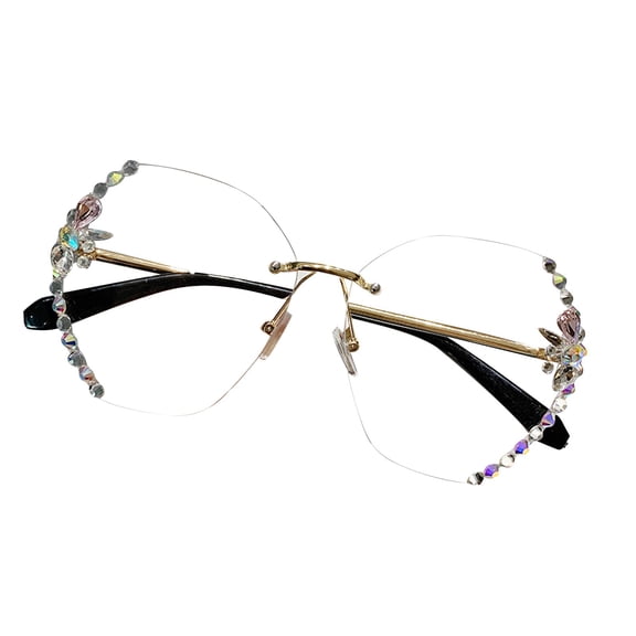 Rimless Polygon Sunglasses for Women, Rhinestone Crystal Diamond Sun Glasses, UV Protection Gradient Lens Vintage Bling Shades for Party, Travel, Outdoor, Lightweight Eyewear, Clear