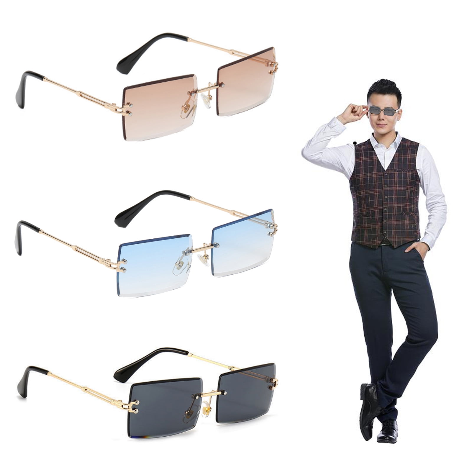 Rimless Rectangle Sunglasses 3 Pairs Retro Rimless Rectangle 