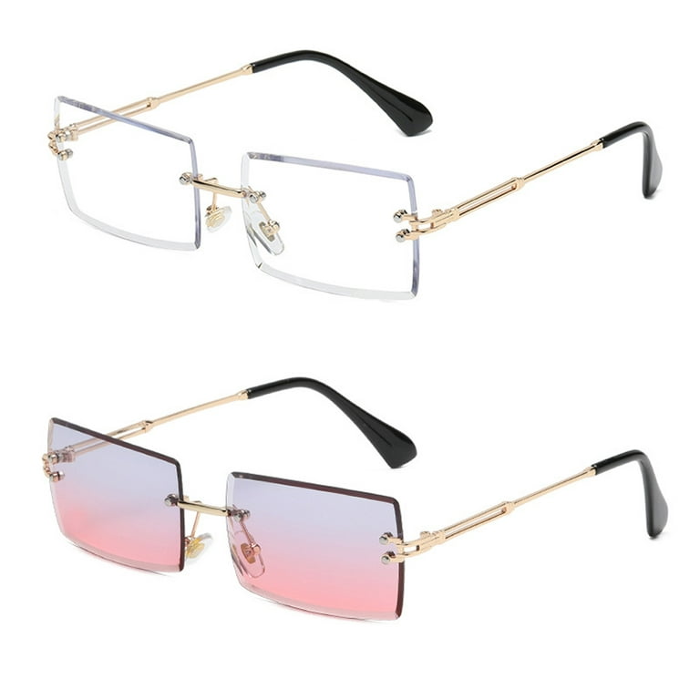 Rimless Rectangle Sunglasses for Women Men Small Square Trendy