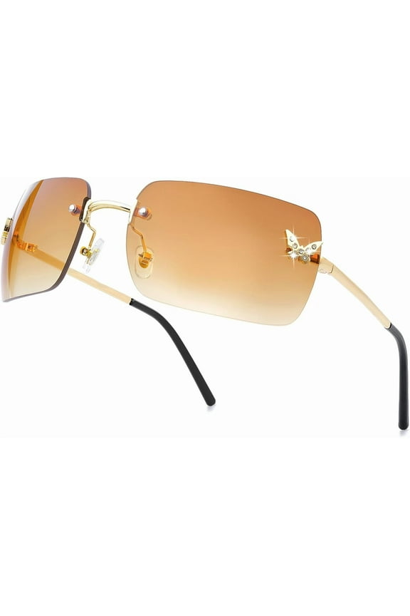 Rimless Rectangle Y2k Sunglasses for Women Men Cute Small Clear Frameless Tinted Lens 2000S Fashion Shades Butterfly