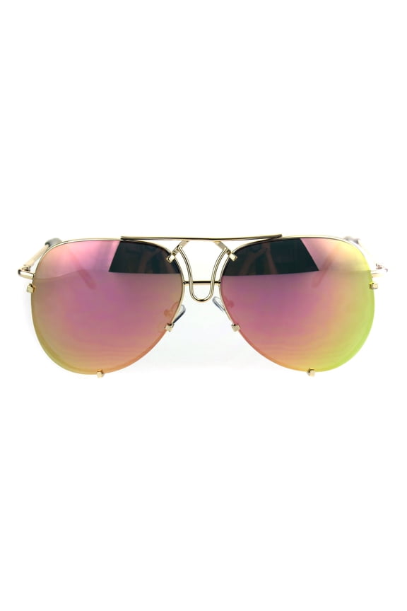 Rimless Retro Pink Mirror Lens Boyfriend Style Large Gold Pilot Sunglasses