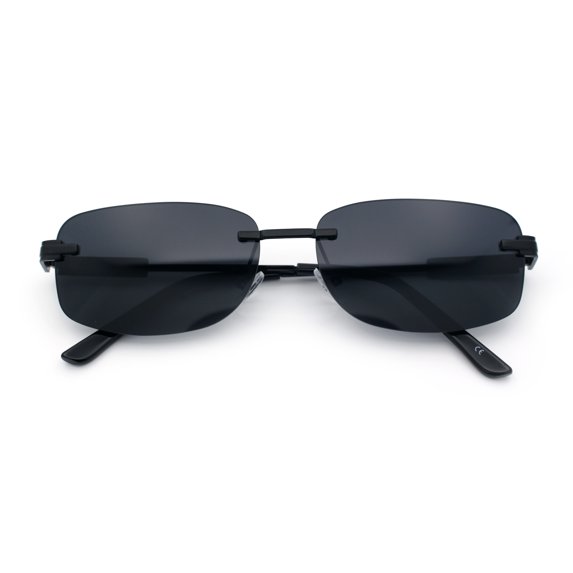 Rimless Rounded Rectangle Hustler Fashion Metal Frame Sunglasses All Black
