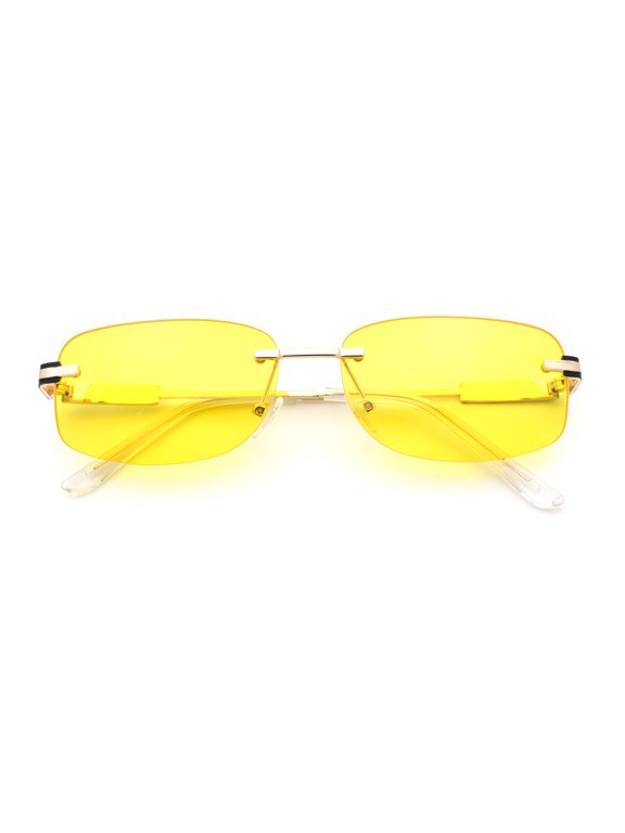 Rimless Rounded Rectangle Hustler Fashion Metal Frame Sunglasses Gold - Yellow