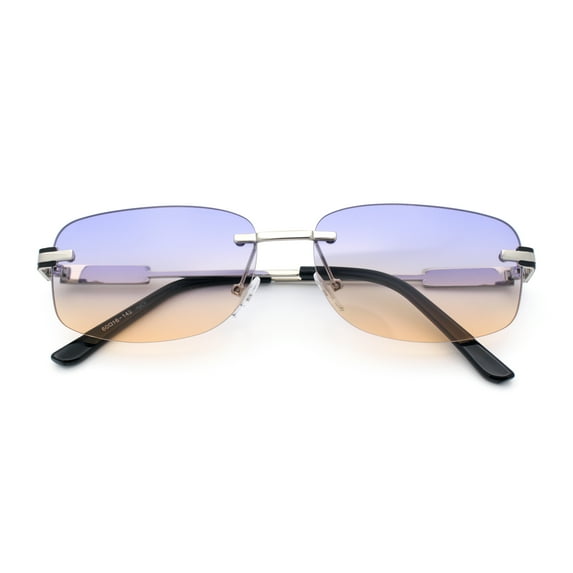 Rimless Rounded Rectangle Hustler Fashion Metal Frame Sunglasses Silver - Purple Orange
