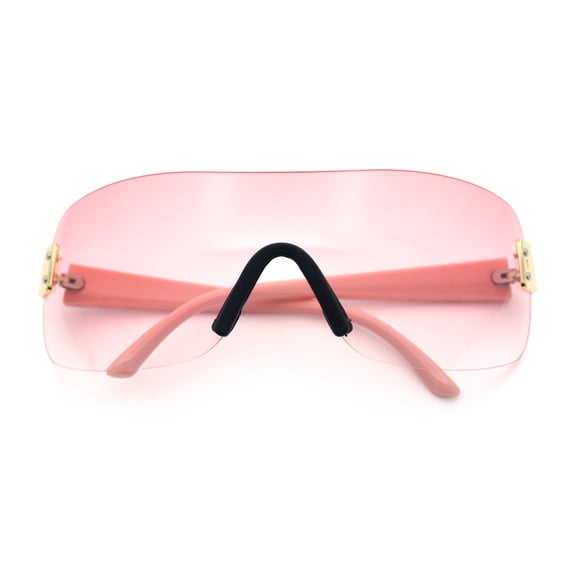 Rimless Shield Wrap Around Y2K Super Sleek Plastic Arm Sunglasses All Pink