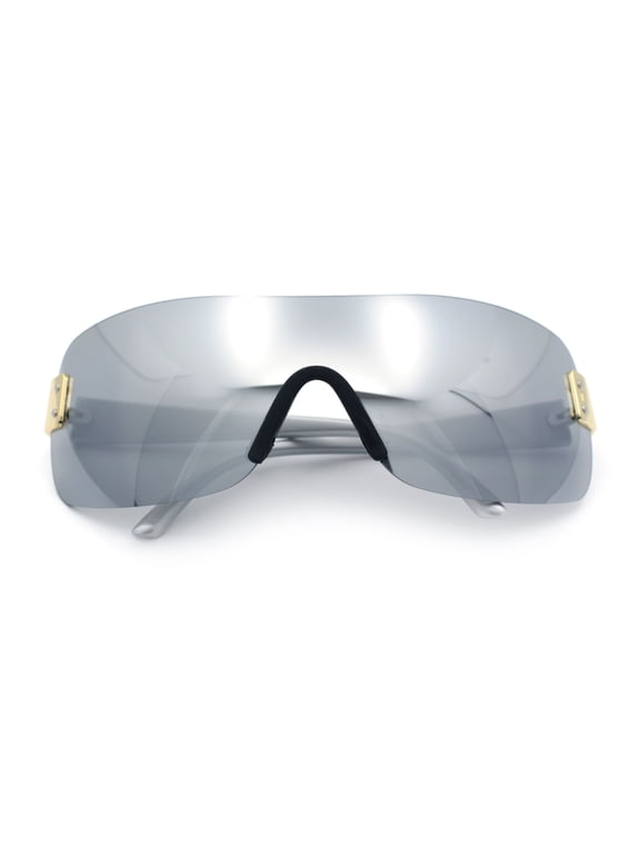 Rimless Shield Wrap Around Y2K Super Sleek Plastic Arm Sunglasses Silver - Silver Mirror