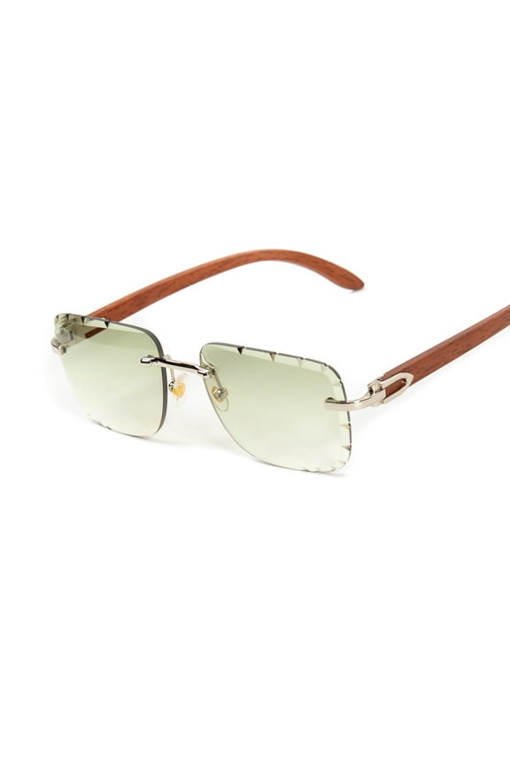 Rimless Silver Frame Mint Green Gradient Tint Gem Cut Woodgrain Sunglasses​