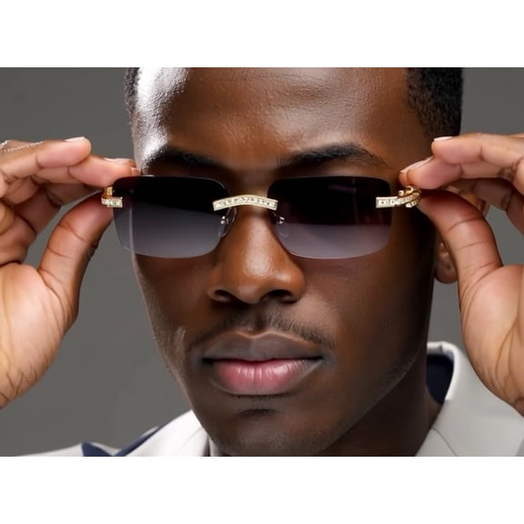 Rimless Square Diamond Sunglasses Classic Hip Hop Shades Black UV 400 Protections