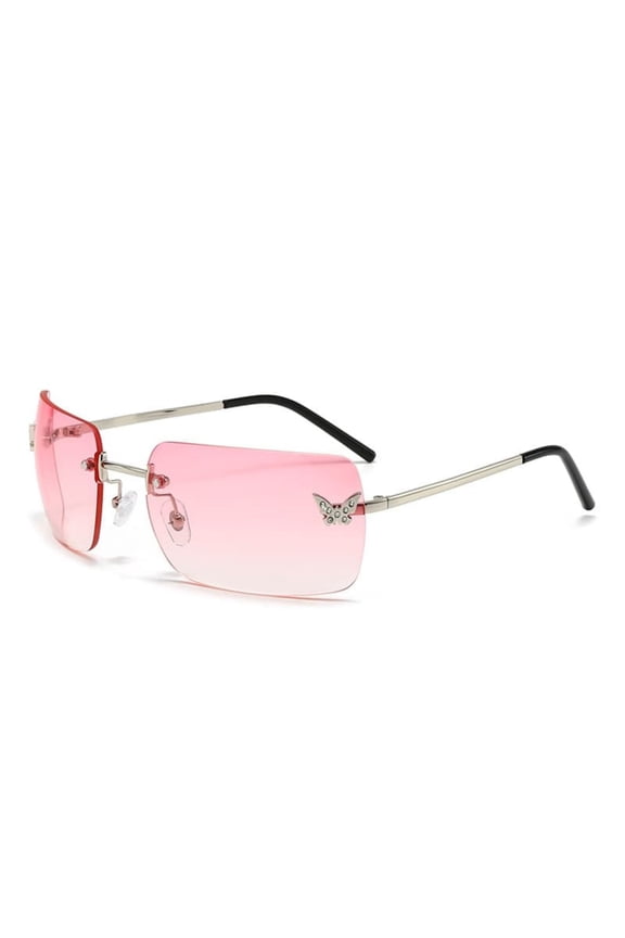 Rimless Square Sunglasses Rhinestone Butterfly Decor Eyewear Uv Protection Glasses For Driving Beach Daily Fashion Accessory(Pink-13.3Cm)