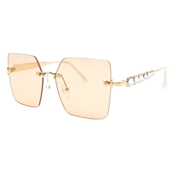 Rimless Square Sunglasses Womens Rhinestones Star Studded Shades Gold, Peach