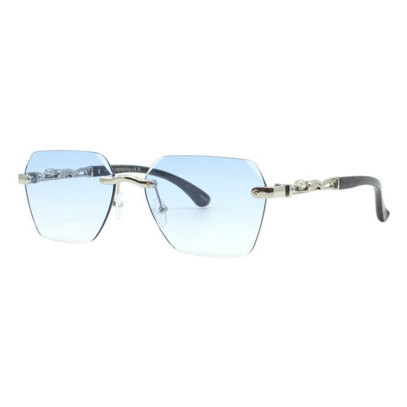 Rimless Sunglasses Square Rectangular Beveled Lens Big Cat UV400 Silver, Blue