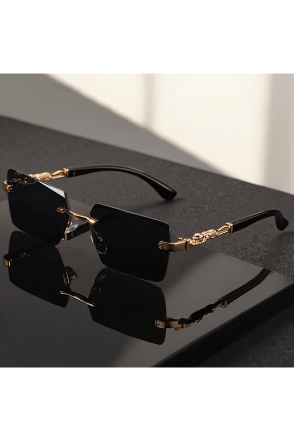 Rimless Sunglasses with UV400 Rectangular Lenses, Black Gold Eyewear for Men Women