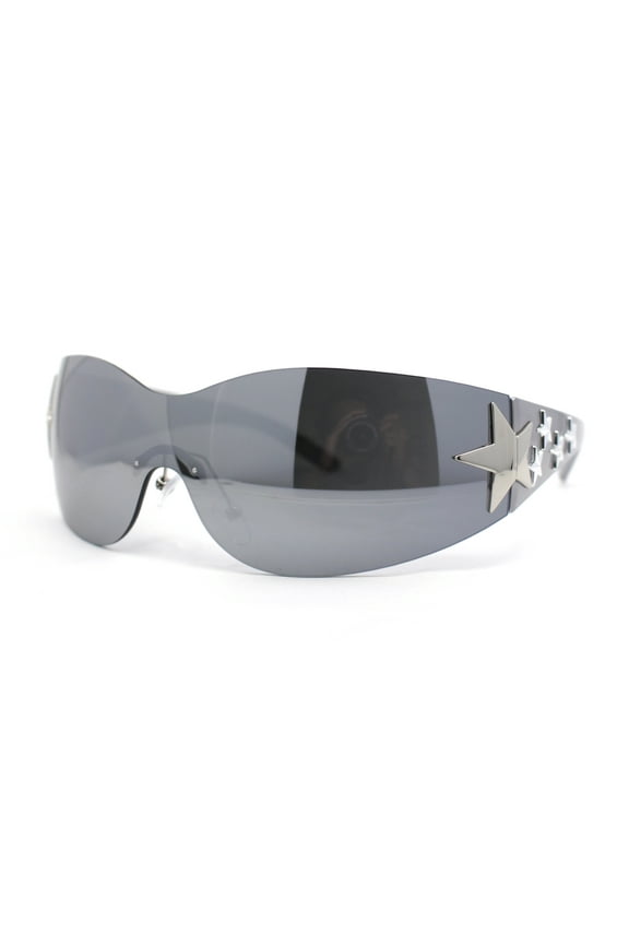 Rimless Wrap Around Shield Star Shimmer Sparkle Jewel Diva Sunglasses Grey - Silver Mirror