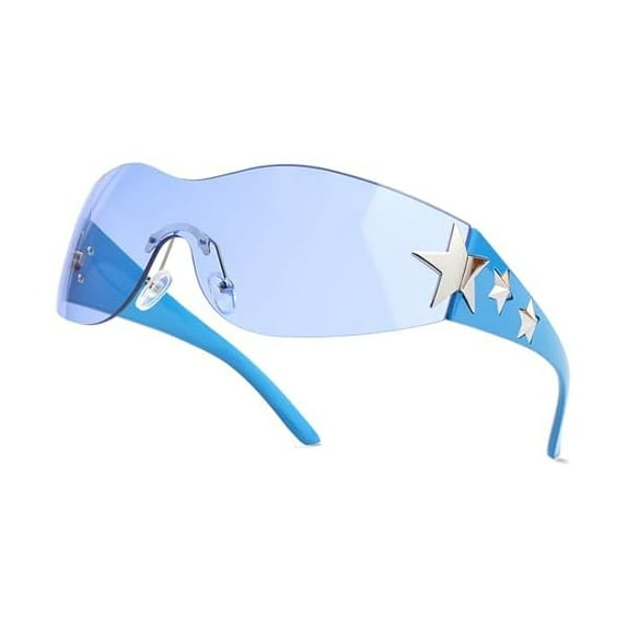 Rimless Y2K Sunglasses Star Wrap Around Glasses 2000S Accessories for Women Men Trendy Fashion Cool Shield Shades
