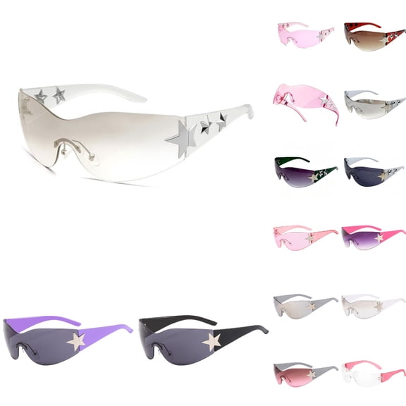 Rimless Y2K Sunglasses Star Wrap Around Glasses 2000s Accessories for Women Men Pink Glasses Trendy Fashion Cool Shades