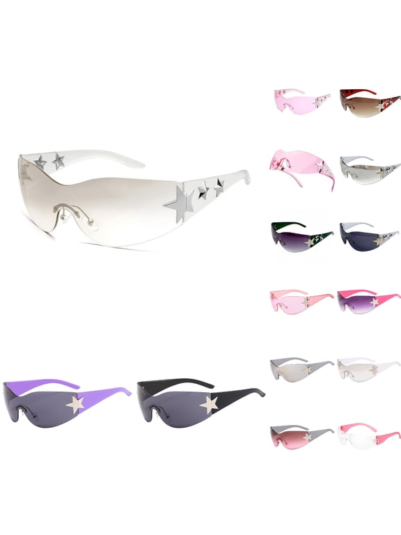 Rimless Y2K Sunglasses Star Wrap Around Glasses 2000s Accessories for Women Men Pink Glasses Trendy Fashion Cool Shades