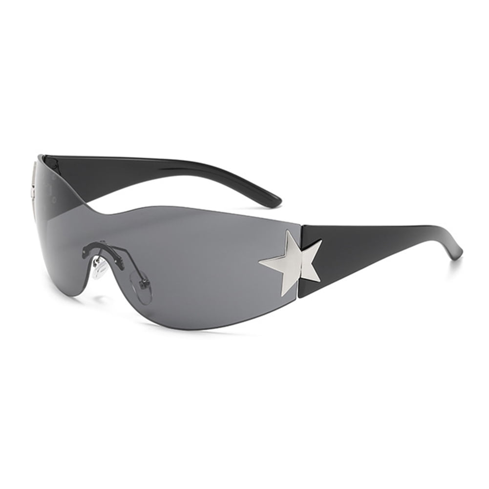 Rimless Y2K Sunglasses for Women Men,Trendy Shield Wrap