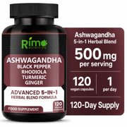 Rimo Nutrition Ashwagandha Advanced 5-in-1 Performance Formula - Turmeric, Rhodiola Rosea, Ginger, Black Pepper - 120 Caps for 4 Months Supply