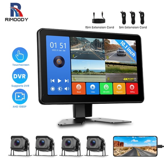 Reversing Camera 4 Cameras Set with Mirror Link, 10.1 in Recordable Wired Touchscreen 4 Split Screens, 1080P Reversing Camera IP68 Waterproof with Loop Recording