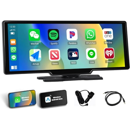 Rimoody 10.36" Portable Car Stereo with Wireless Apple CarPlay Android Auto, 64GB Card, IPS Touchscreen Car Play Screen for Car, Car Media Player with Mirror Link, Voice Control, Bluetooth, FM, AUX