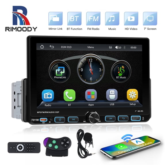Rimoody 1DIN 7 inch incell HD touch screen display universal car mp5 player with Bluetooth FM/AM/RDS radio receiver Support type-c/USB rear view camera, built-in wireless carplay/auto