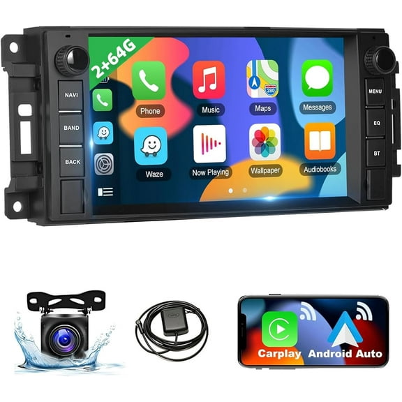 Rimoody 2+64G Car Stereo for Jeep Wrangler Dodge Chevrolet RAM 1500 Android Radio with Wireless Apple CarPlay, 7" Touchscreen Stereo with WiFi, GPS, RDS/FM Radio, Bluetooth + Backup Camera & Mic